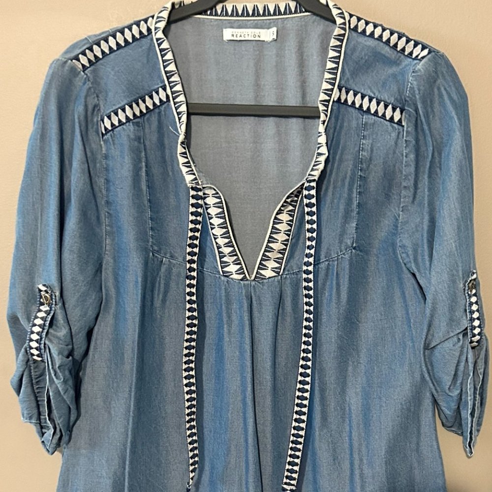 Demin Dress - embroidered trimming - Size Small